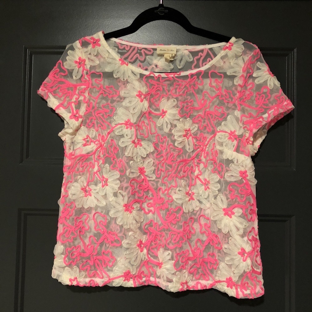Anthropologie Floral Embroidered Mesh Short Sleeve